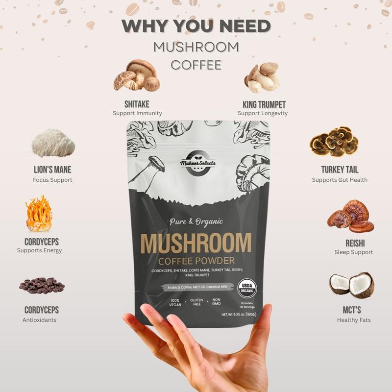 MaheerSelects Premium Mushroom Coffee Powder withbox Complete Coffee Set 100% REAL, USA Grown Instant Coffee for Better Energy, Focus, Digestion, Immunity with Lions Mane & Turkey Tail, 30 servings