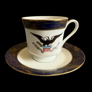 White House-style Commemorative Teacup and Saucer Set with Eagle Design and Blue Gold Trim Drinking Glasses
