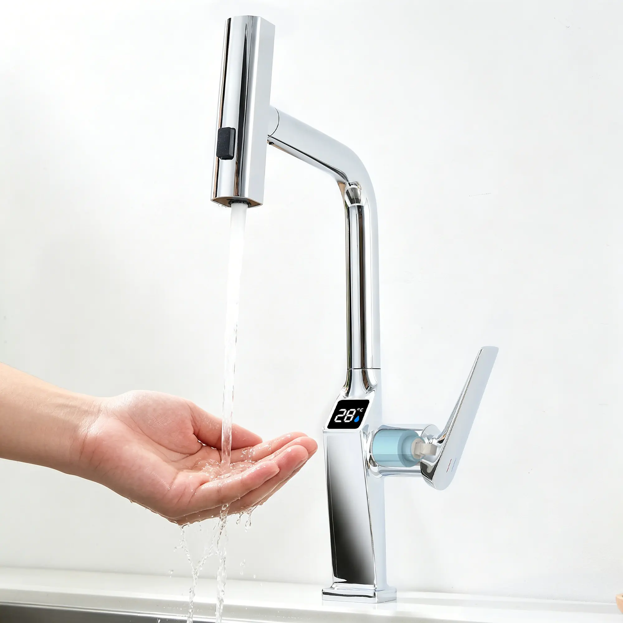 Touchless Motion Sensor Kitchen Faucet with LED Temperature Display, Chrome Finish Pull Out Kitchen Sink Faucet, 3 Spray Modes Sprayer & 360 Degree Swivel Spout