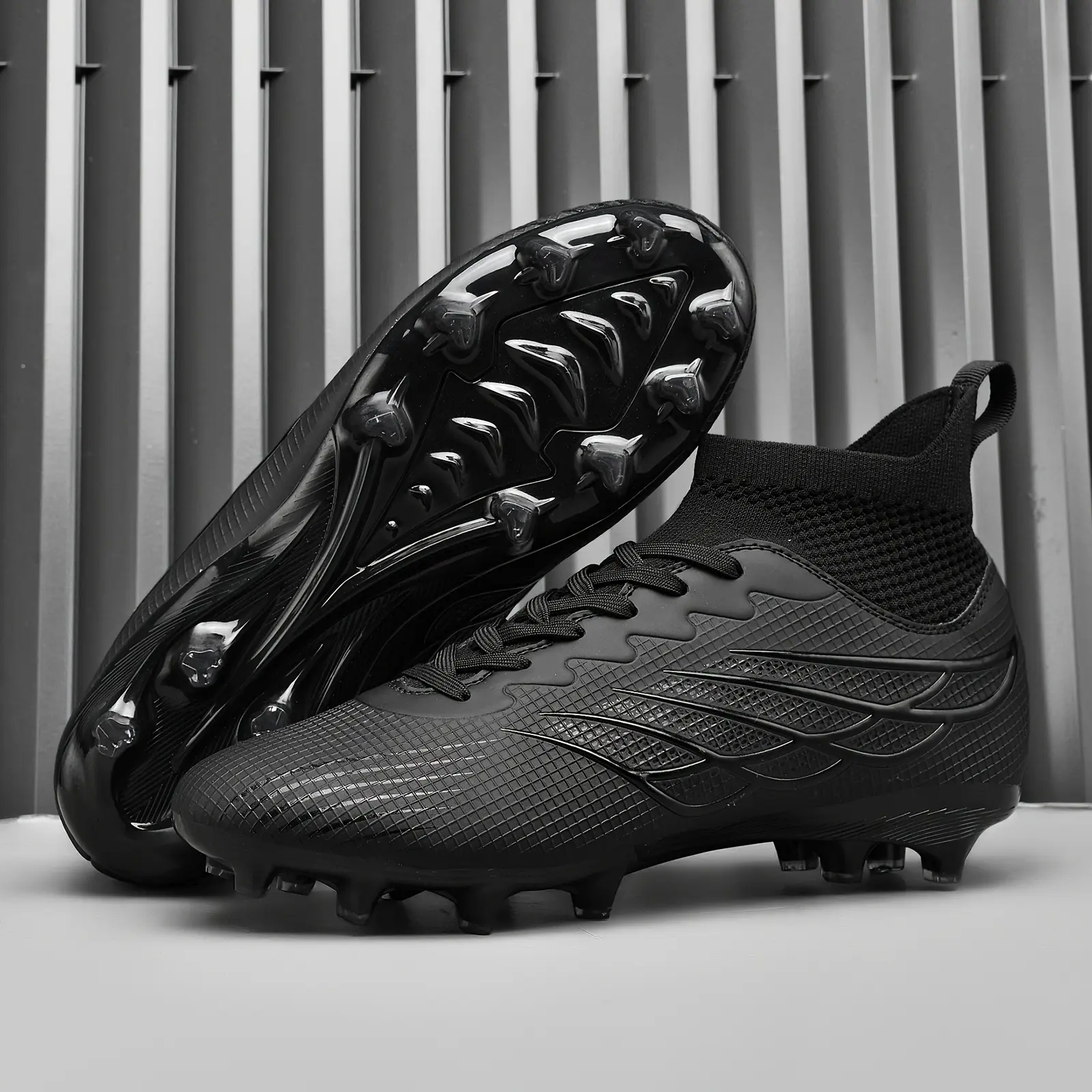 Adult Male Professional High-Top Football Cleats - AG Studs for AG Turf Grip, Non-Slip, Breathable, Lace-Up, Lightweight, Classic Black, US Sizes, All Seasons, Outdoor Competition & Training