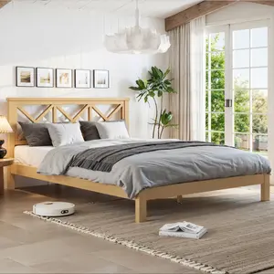 Full Platform Bed with ''X'' Design Headboard, Bamboo-made Bed Frame Full Size with Suppport Slats, Mid-century Style, Natural