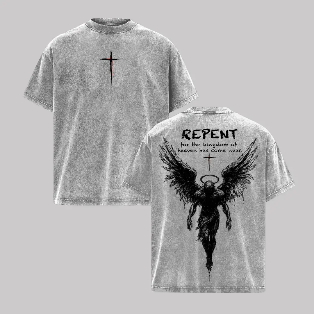 Repent Vintage Washed Oversized Christian T-Shirt, Angel Wings Faith Graphic Tee, “Kingdom of Heaven Has Come Near” Gospel Streetwear Top, Heavy Cotton Unisex Retro Worship Shirt Washed Streetwear soft cotton vintage  unisex t-shirt washed tees