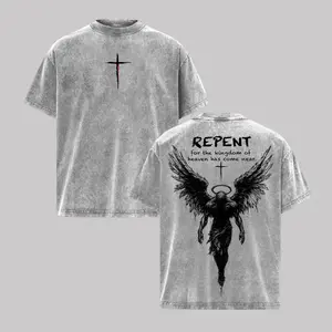 Repent Vintage Washed Oversized Christian T-Shirt, Angel Wings Faith Graphic Tee, “Kingdom of Heaven Has Come Near” Gospel Streetwear Top, Heavy Cotton Unisex Retro Worship Shirt Washed Streetwear soft cotton vintage  unisex t-shirt washed tees