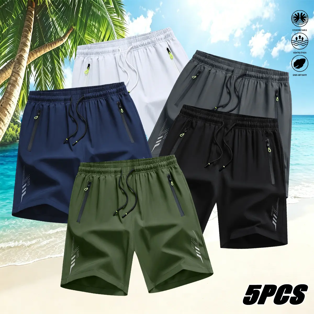 5PCS men’s shorts, lightweight breathable quick-dry beach shorts for summer, men’s drawstring shorts with zipper pockets, breathable men’s everyday shorts, quick-dry swim trunks for summer,short shorts,jorts for men，black shortsmens jorts,sweat shorts men