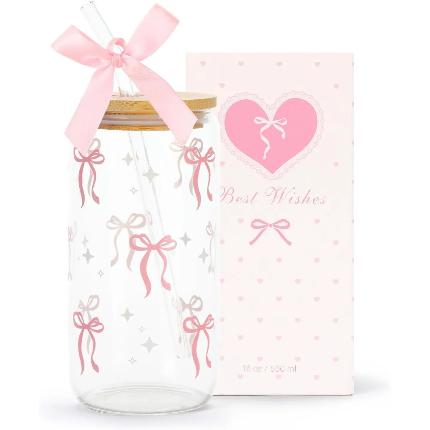 Pink Bow Glass Cup with Lids and Straws, 16 oz Cute Glass Cup, Aesthetic Iced Coffee Tumbler with  Box Cleaning Brush for Teen Girls Women Girlfriends Gifts