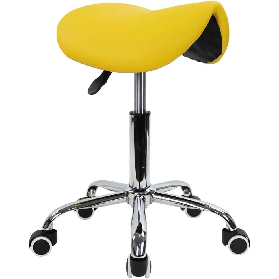 Rolling Saddle Stool PU Leather Swivel Adjustable Rolling Stool with Wheels Salon Chair (Yellow)