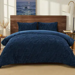 Warm Sherpa Fleece  Comforter Set,  Tufted  Navy Blue Bedding for Winter, Soft 3 count Shaggy Bed Set, 1 Comforter (90"x90") and 2 Pillowcases (20"x26")