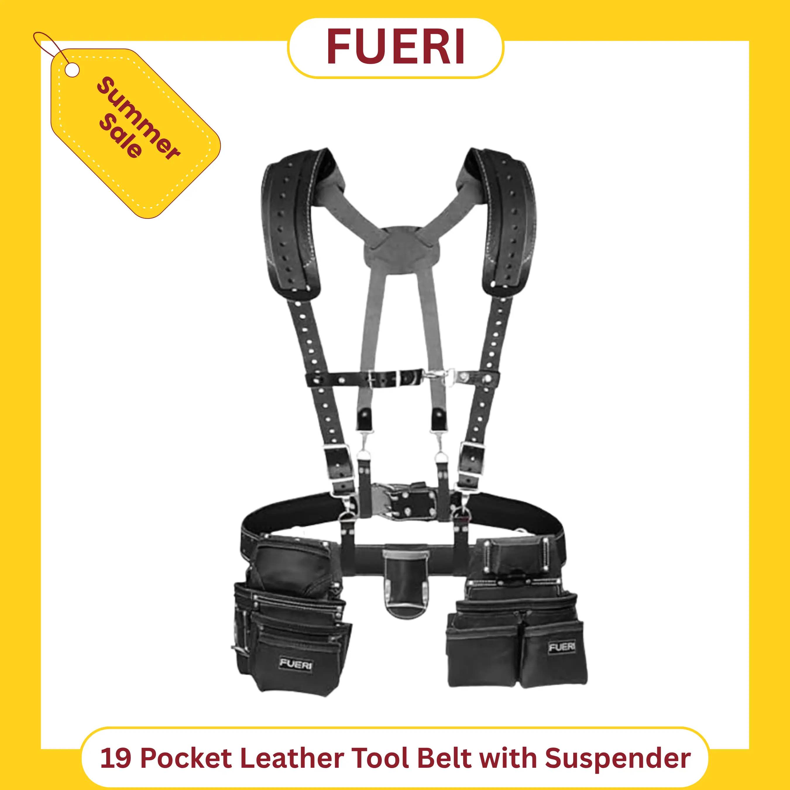FUERI Men's Heavy Duty Leather Tool Belt Suspenders Set - Multi-Compartment Pockets, Waist-Mounted Clip-On Bag for Carpenters, Durable Adjustable Comfortable Construction Organizer, Tool Pockets, Heavy Duty Tool Bags