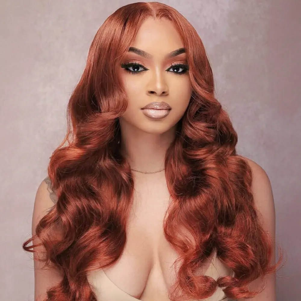 Red Brown Lace Front Wigs Body Wave Synthetic Wigs Glueless 13x4 HD Transparent Lace Front Wigs with Baby Hair 200% Density Copper Long Wavy Synthetic Hair Wigs for Daily Wear Party Cosplay Wear Holiday Christmas Wig