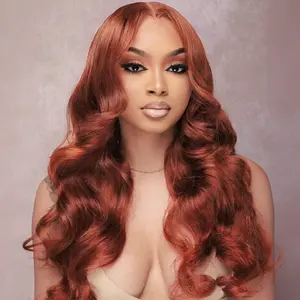 Red Brown Lace Front Wigs Body Wave Synthetic Wigs Glueless 13x4 HD Transparent Lace Front Wigs with Baby Hair 200% Density Copper Long Wavy Synthetic Hair Wigs for Daily Wear Party Cosplay Wear Holiday Christmas Wig