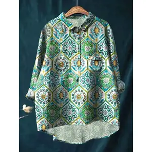 Plus Size Women's Loose Shirt, Printed Pocket Decoration Suitable For Spring And Summer