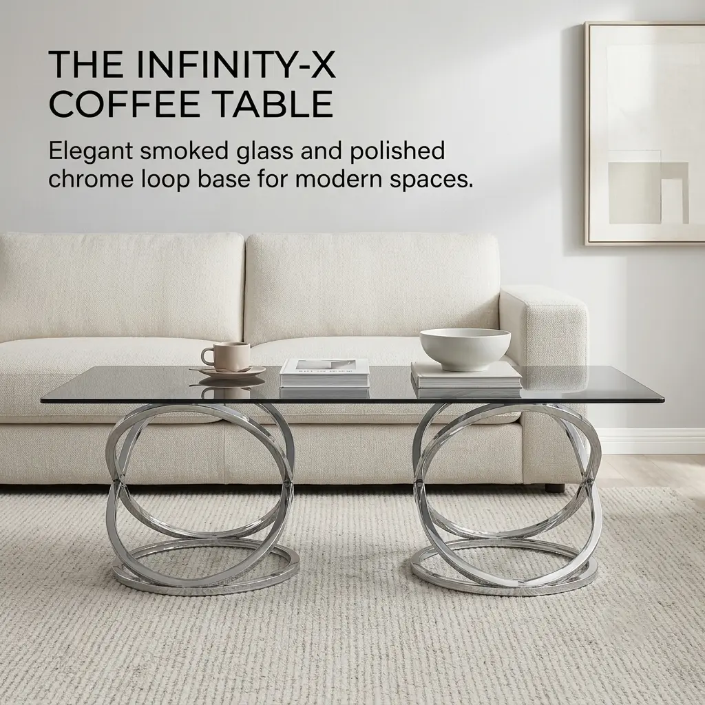 31.5" Contemporary Rectangular Glass Metal Coffee Table with Loop Base, Gray/Clear Tempered Glass, Luxury Living Room Center Piece