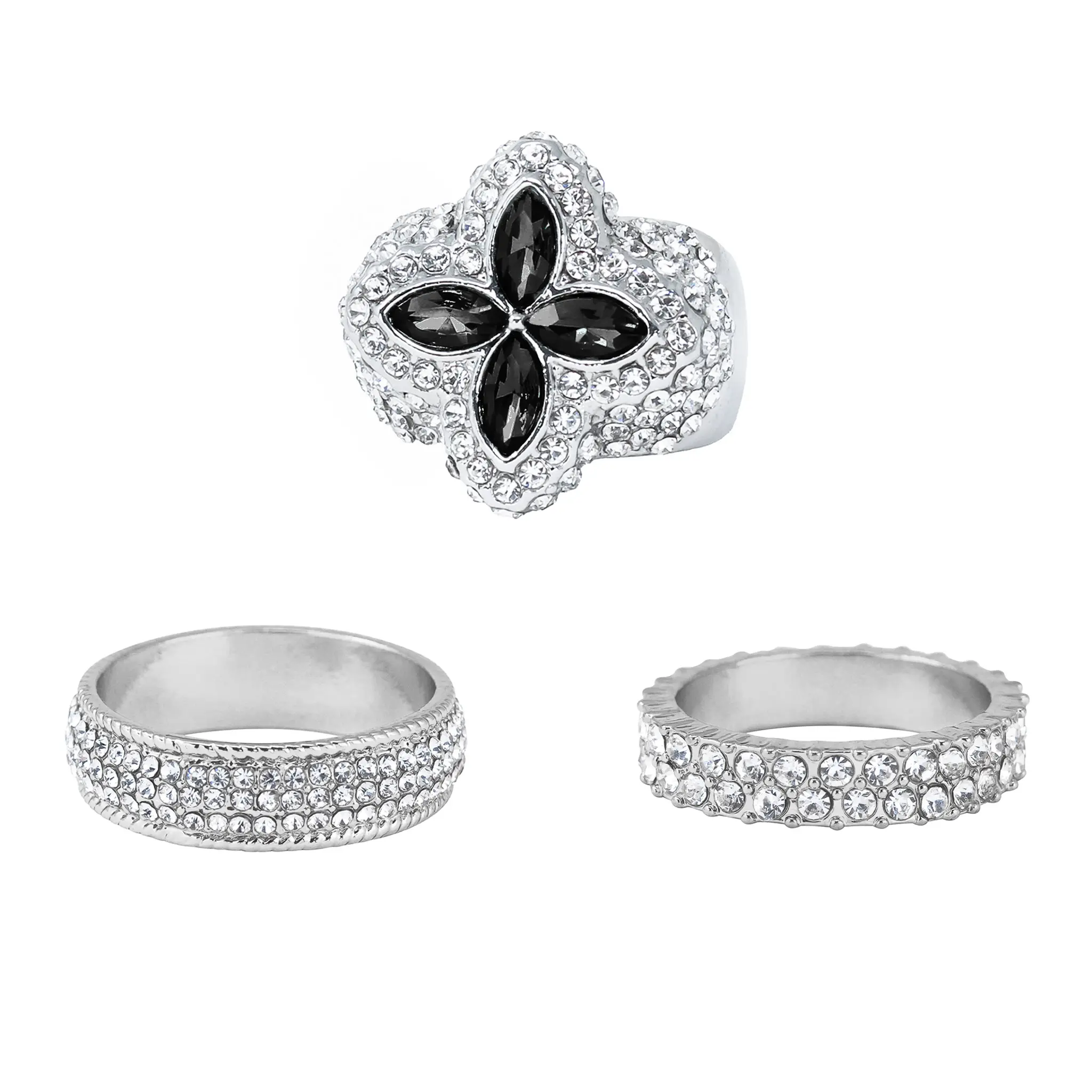 Flower Design 3 Piece Ring Set – Black Stone Rings, Silver Tone – Alloy with Coated Finish
