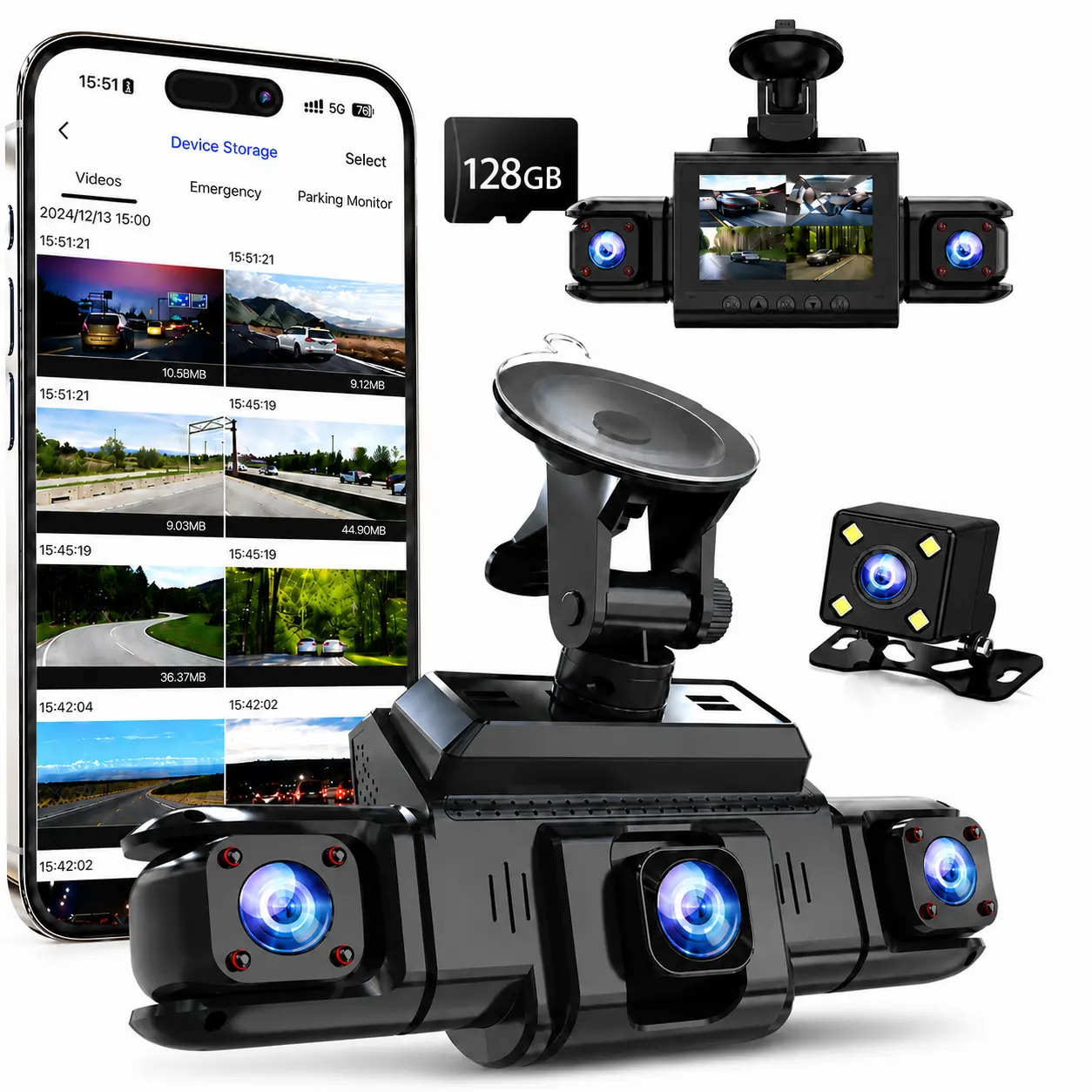 IDOLZEAL 4-Channel 360° Car Driving Recorder Dashcam DVR, HD Automotive Dashcam with 32GB Card, WiFi App Control, WDR, 3" IPS Screen, 24H Parking Mode, 8 IR Night Vision, G-Sensor, Loop Recording, Plug-in Power, Car Accessories