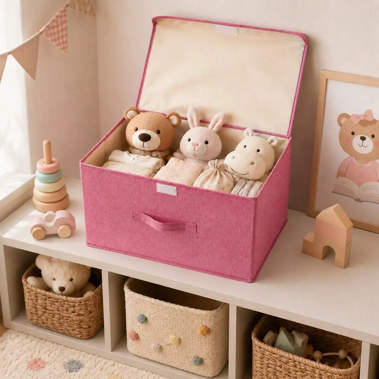 Small Foldable Fabric Storage Box with Lid and Handle - Dustproof Collapsible Closet Organizer Chest for Bedroom, Home Organization