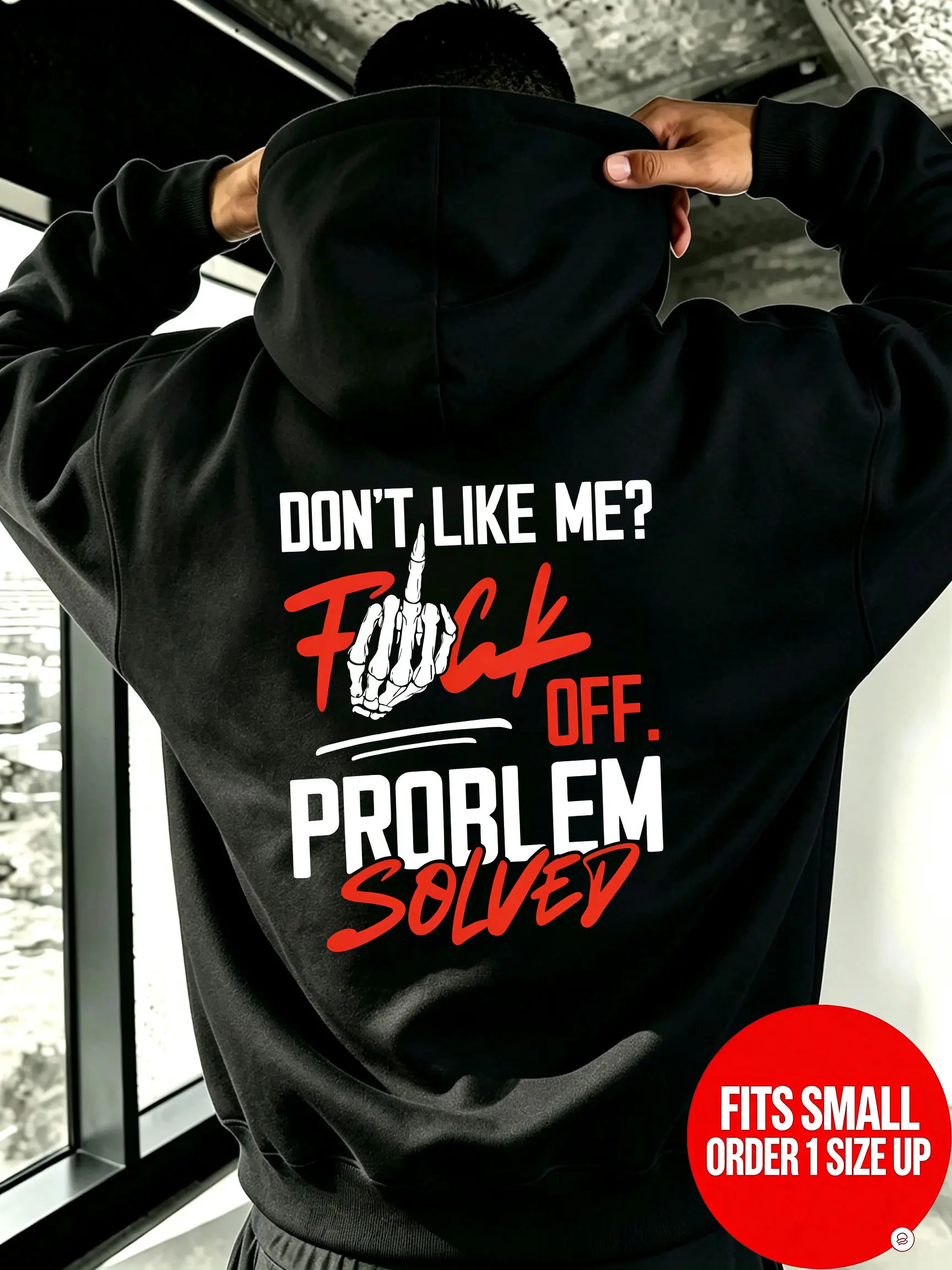 Skull Gesture Personalized Back Print Hooded Sweatshirt, American Street Style, Loose Drop-Shoulder Casual Pullover Hoodie【Runs small, order one size up】