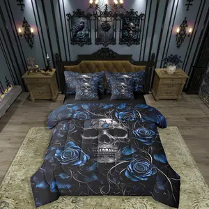 Feelyou 7-Pcs Sugar Skull Comforter Set - Teal Rose Floral Gothic Skeleton Bedding Queen Sets, Exotic Hippie Themed Bedding in a Bag
