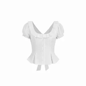 Cider Jacquard Ruffled Scoop Neck Puff Sleeve Peplum Blouse