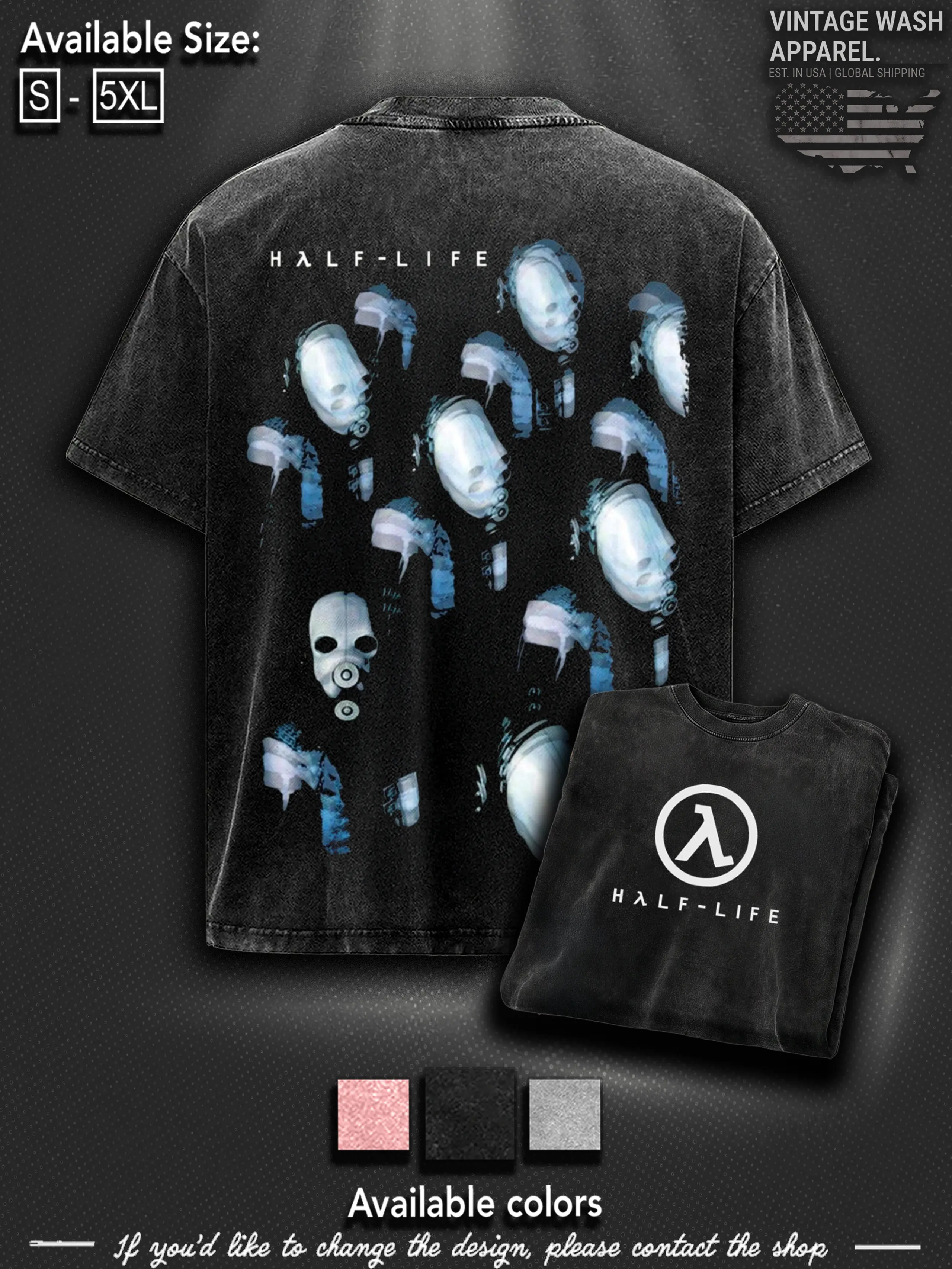 Half-life Washed Unisex Graphic Tees, Casual Crewneck Short Sleeve Washed Tshirt 2 Sided Cotton unisex graphic tees gamer merch, Black Cotton Tee