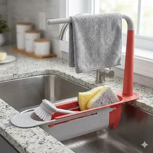 Adjustable No-Drill Kitchen Countertop Organizer: Vertical Knife Block, Cutting Board Holder, Drying Rack with Rust-Proof Sponge Soap Caddy. Expandable Multi-Size Fit for Sink Tools and Accessories. Dish Drying Organiser Kitchen Storage Rack
