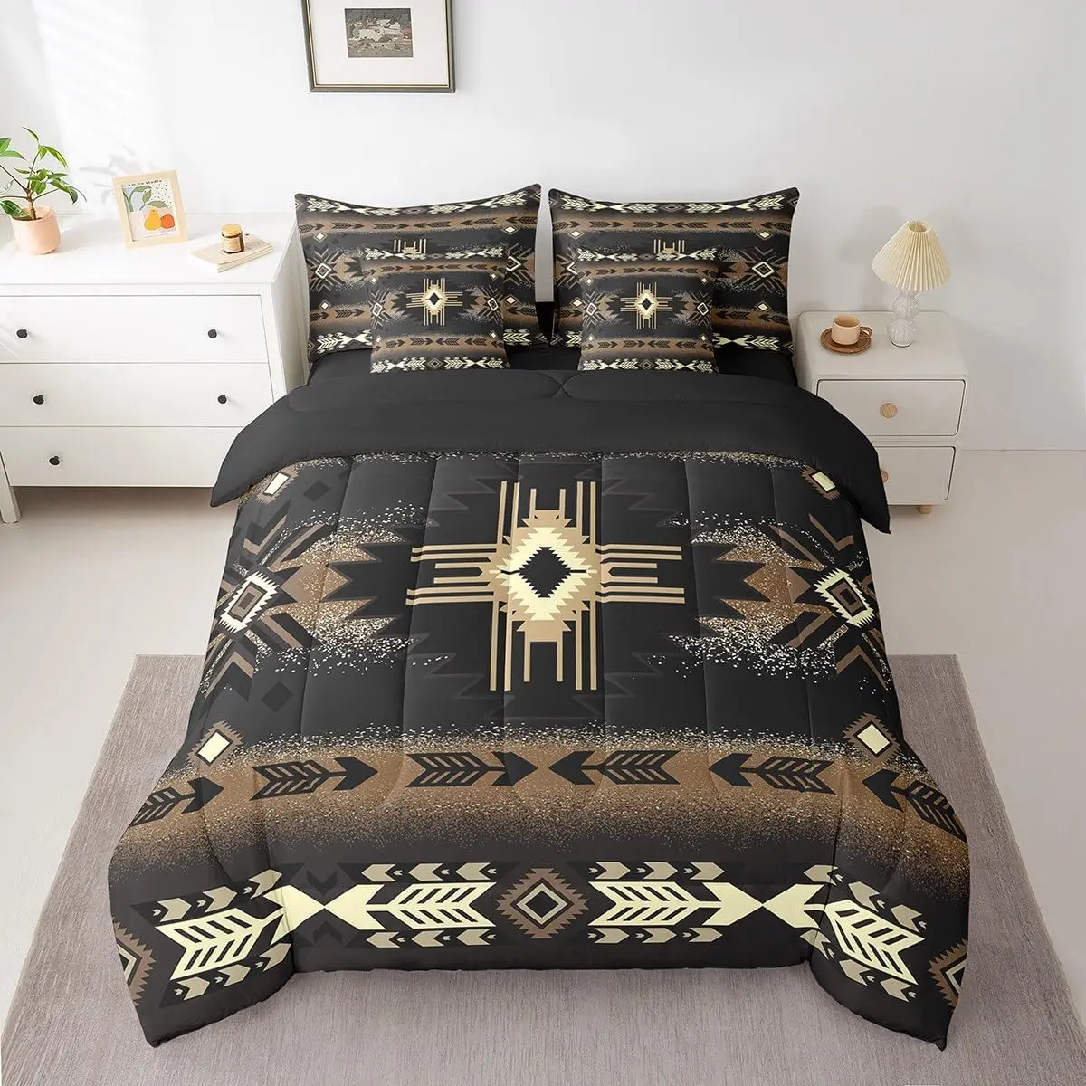 Southwest Native Bed Set Includes Comforter,Sheet Set,Pillowcases & Pillow Covers Southwestern Geometric 7 Piece Bedding Set,Room Decor Western Decor Bed in a Bag,Brown Grey Tribal,back to school,back to school shopping,home decor