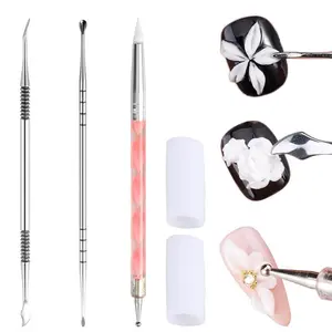 Nail Art Sculpture Pen, 3PCS Double-head Stainless Steel 3D Gel Art Sculpting Pens Dotting Tools Acrylic Powder Flower Design Carving Modeling for Builder Gel Chrome Powder Applicator Manicure