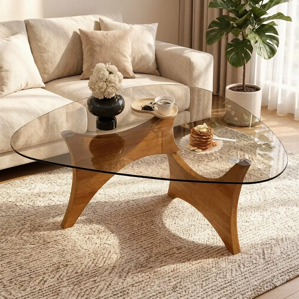 Modern Glass Coffee Table for Living Room, Mid Century Modern Triangle Coffee Table with Tempered Glass Top & Solid Wood Base, Noguchi Style Small Center Table for Apartment,32.3" x 23" x 16" Walnut
