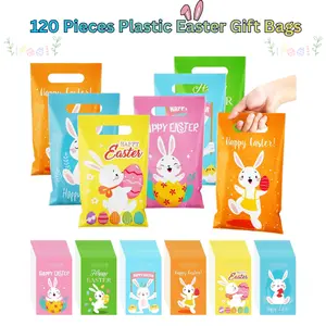 120 PCS Large Plastic Easter Gift Bags with Handles – Easter Candy & Goodie Tote Bags for Egg Hunt, Party Favor Supplies, 6 Assorted Designs, Reusable Treat Bags for Kids- Easter Gift
