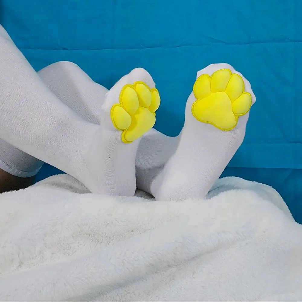 Puffy Yellow Mochi Cat Paw Pad Bean White Thigh High Stockings for Furry Cosplay Embroidered Socks Womenswear Comfortable