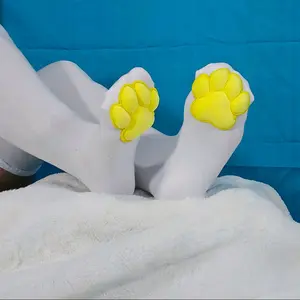Puffy Yellow Mochi Cat Paw Pad Bean White Thigh High Stockings for Furry Cosplay Embroidered Socks Womenswear Comfortable