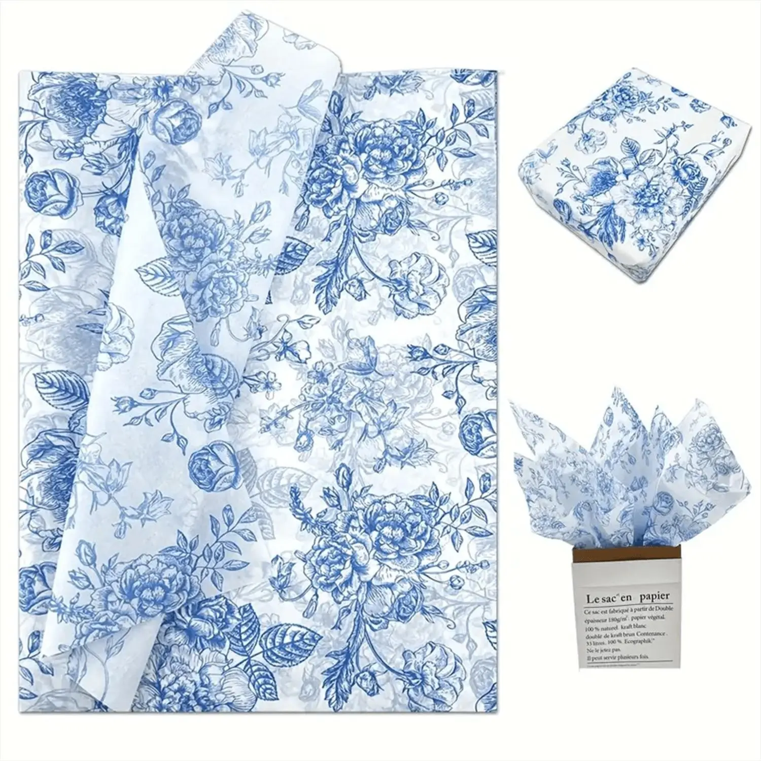 Chinese Vintage Blue Peony Rose Wrapping Paper, Waterproof Floral Packaging Paper, Gift Wrapping Supplies, 14x20 Inches, Ideal for Gifts, Bouquets, Weddings, Birthdays, DIY Crafts