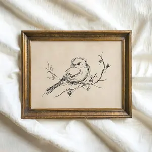 Vintage Bird Sketch Print, Minimalist Spring Print, Nature Line Drawing, Rustic Farmhouse Beige Decor Unframed