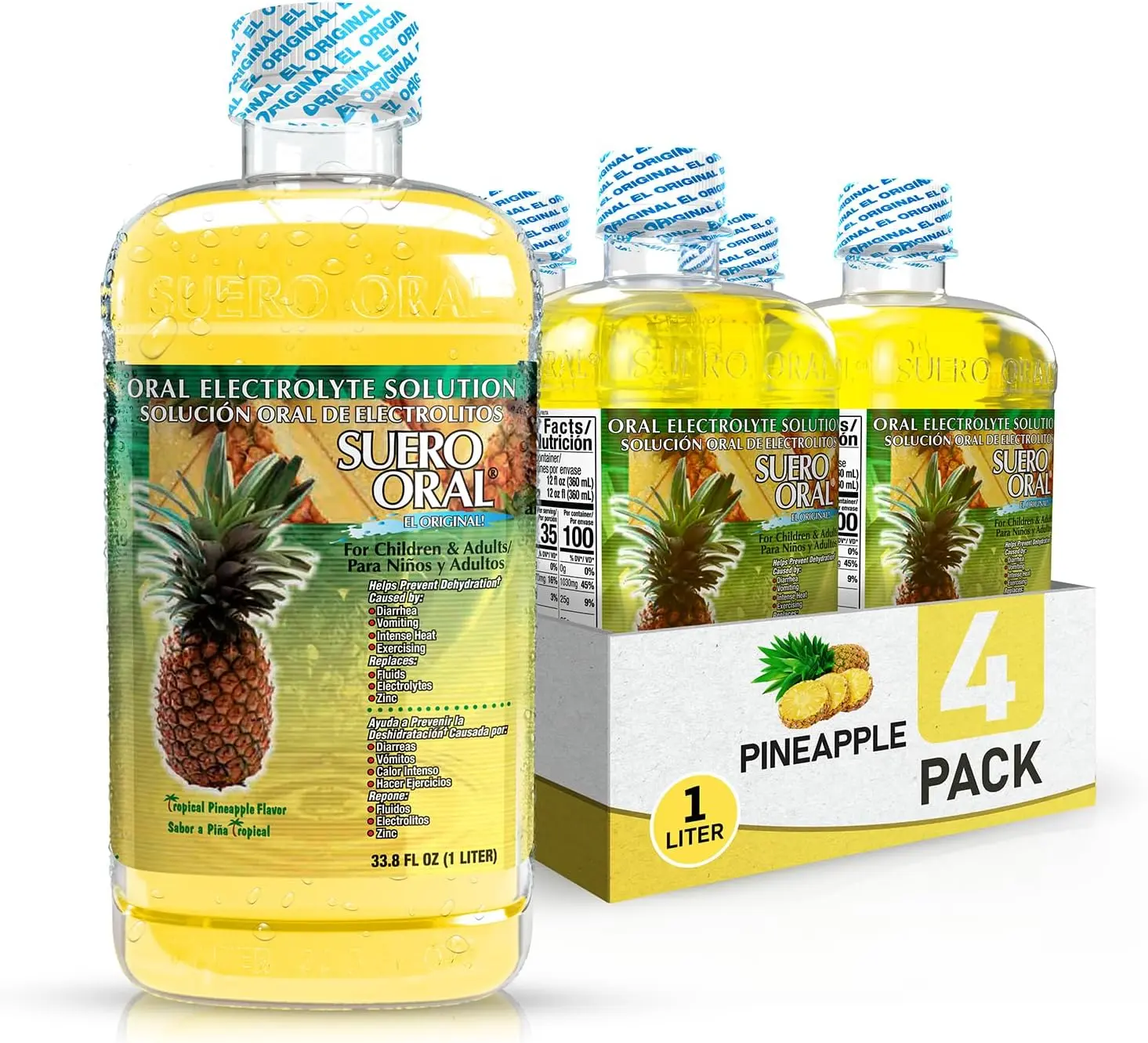 Suero Oral -Electrolyte Solution - Pineapple - 4 Pack - Electrolytes Drink, Hydration Booster & Rehydration Drink for Kids & Adults, Hydrates, Replenishes, Energizes, Tropical Pineapple Flavor, 1 Liter