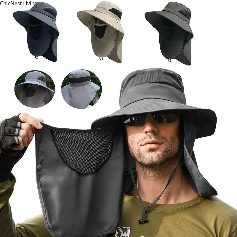 2 Pack Men’s & Women’s Outdoor Sun Hats - Wide Brim UPF Anti-Ultraviolet Hiking/Fisherman Hats, Mesh-Lined Adjustable Safari Cap with Detachable Neck Flap & Face Cover, Quick-Dry Breathable for Camping, Summer Travel, Hiking Hats