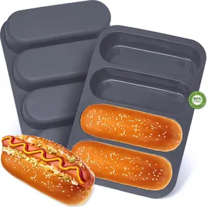 Sturdy Silicone Baking Mold Set - 2-Piece Grey 4-Cup Non-Stick 6-Inch Pans for Hotdog Buns, Mini Baguettes, Dishwasher Safe
