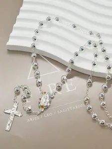 Elegant Simple Cross Pendant Prayer Dangling Charms Necklace, Virgin Mary Charm, Silver Color Beaded Chain, Catholic Religious Jewelry