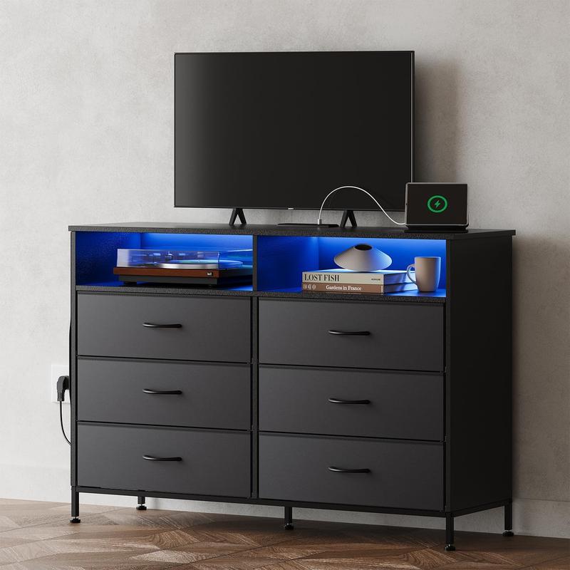 6 Drawer Dresser for Bedroom with LED Lights and Charging Station, Modern Wood Dressers with Extra Side Bag, Double Wide Drawer Cabinet TV Stand for up to 60" TV for Living Room (Black)