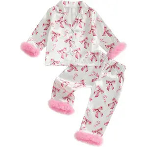 Toddler Baby Girls Silk Satin Pajamas Set Feather Trim Long Sleeve Botton Shirt Tops Pajama Pant Fuzzy Lounge Pjs