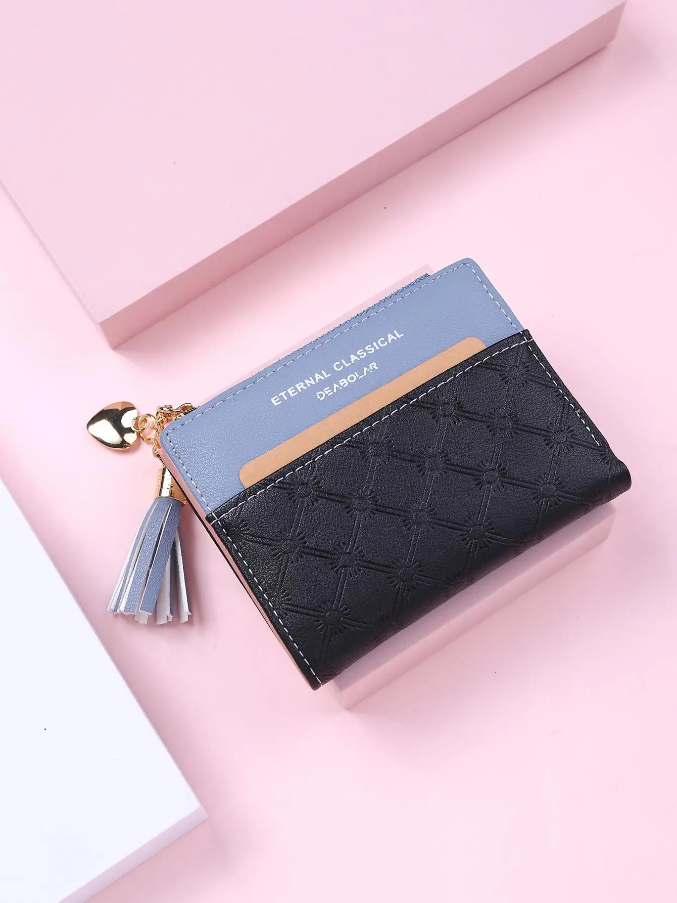 Fashion Color-Block PU Leather Texture Zipper Short Wallet for Women, Tassel Heart-Shaped Pendant Decorated with Multiple Card Slots Bifold Coin Purse