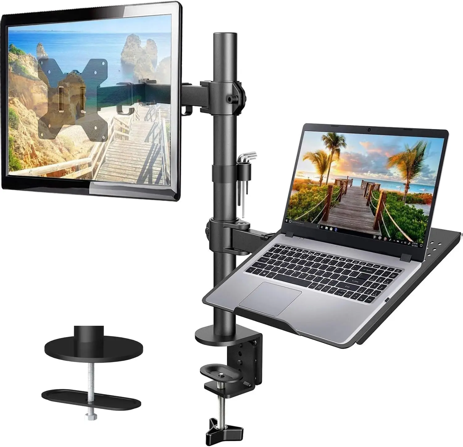 Adjustable Single Monitor and Laptop Desk Mount for up to 32" Monitor and 17" Laptop, Heavy-Duty Ergonomic Stand, Supports up to 22 lbs
