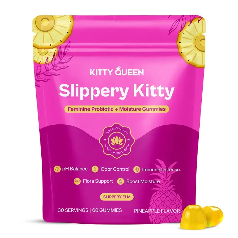 Slippery Kitty Feminine Probiotic + Moisture Gummies - All in One Solution with Slippery Elm 60 Count Pineapple Flavor