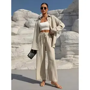 Women's Solid Button Front Shirt & Tie Front Wide Leg Pants Two-piece Set, Casual Drop Shoulder Long Sleeve Top & High Waist Trousers 2 Piece Set for Spring & Fall, Women's Clothes for Daily Wear, Linen Set � � gift � �