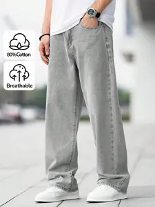 Teen Boys' Straight Leg Jeans, Classic Washed Comfortable Fabric, All Seasons Casual Pants, Button Closure, Long Hem, Natural Waist, Breathable Pants
