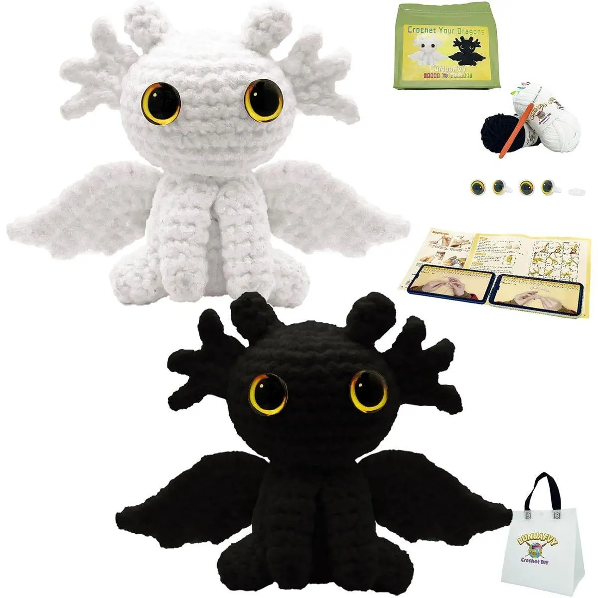 Crochet Kit for Beginners Adults & 12+ Kids–Complete Starter Kit to Make 2 Amigurumi Dragons,Left/Right-Handed 2hr Video Tutorial,3-Way Printed Patterns,Gift & Storage Bags