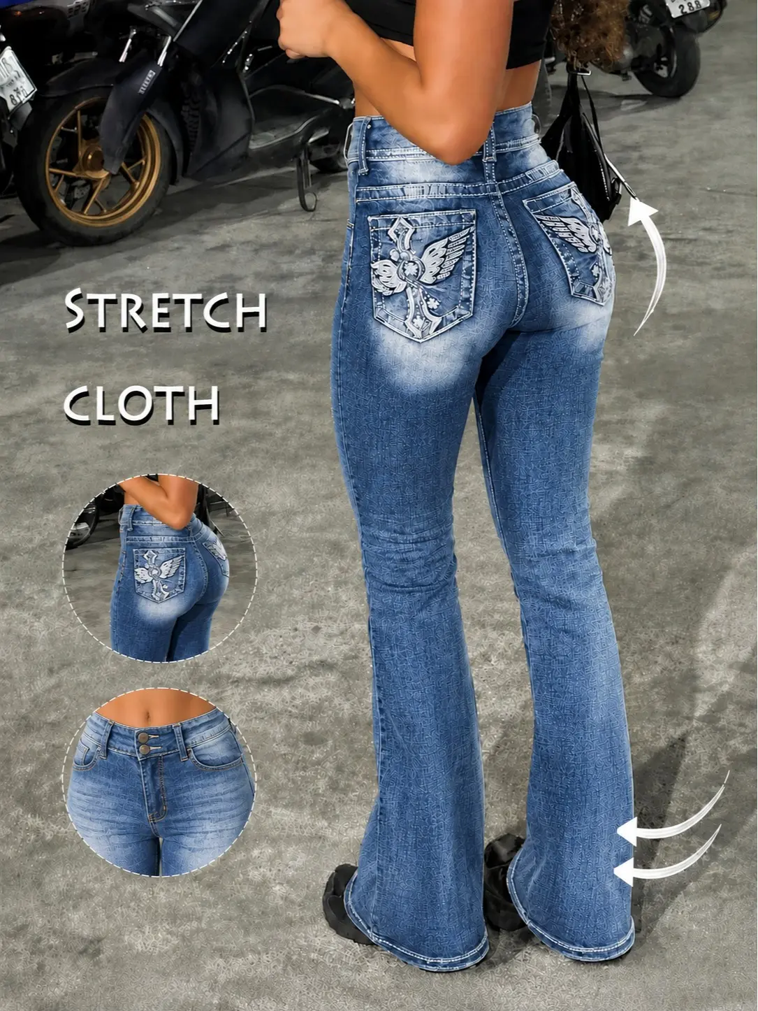 Women's Stretchy Mid-Waist Flare Jeans, Curvy Fit Womenswear with Tummy Control, Comfortable Versatile Denim Bottoms