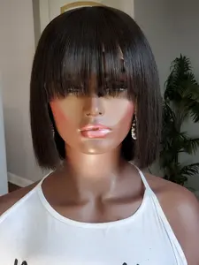 200% Density Brazil Virgin Straight Short Wave Wig with Bangs, No Lace Front, Machine-Woven Women's Human Hair Wig, Natural Color