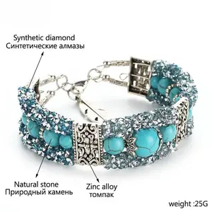 Authentic alloy turquoise bead wire ring bright diamond women's bracelet turquoise bead bohemian style women's bracelet retro popular fashion