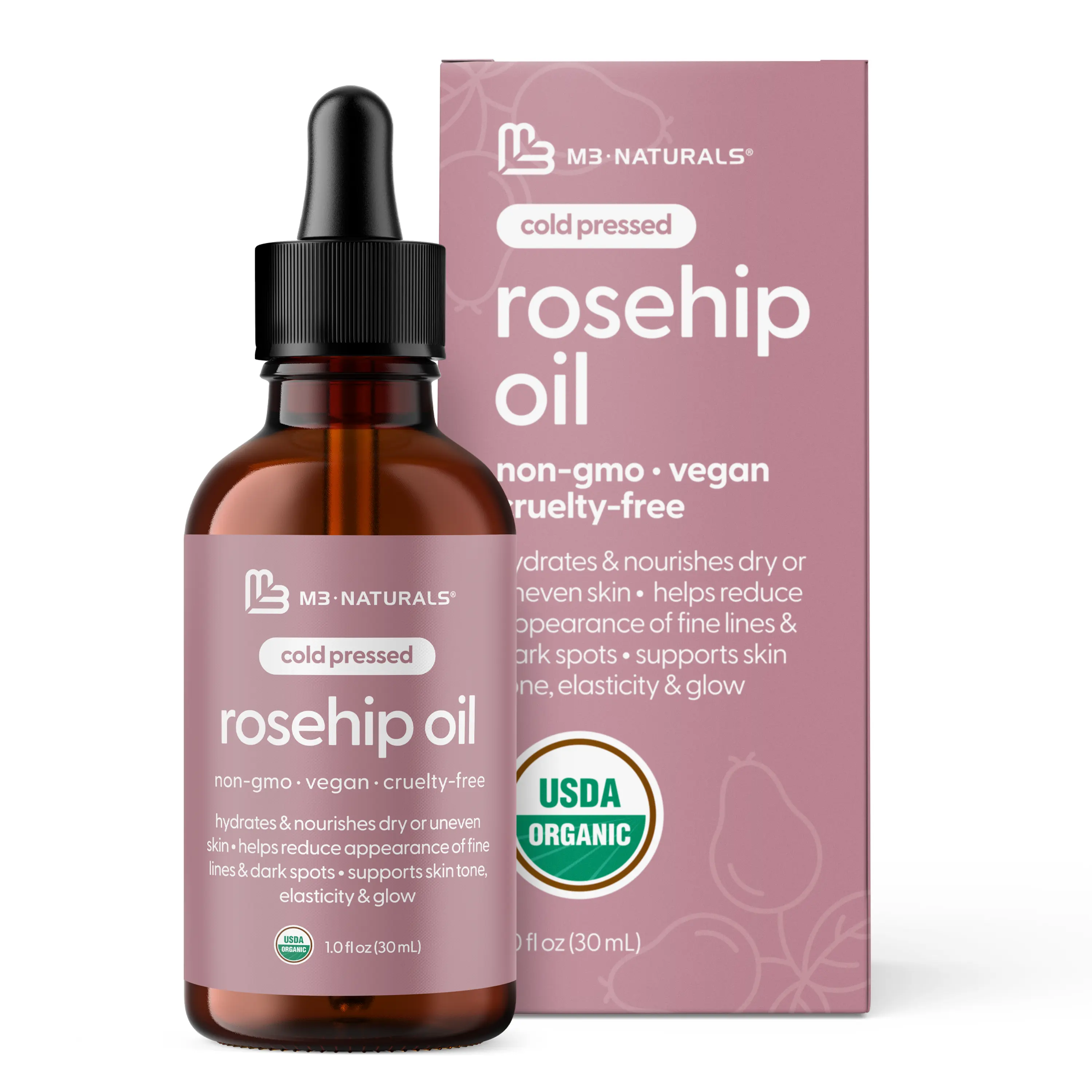 M3 Naturals USDA Organic Cold Pressed Rosehip Oil for Face, Skin, Hair & Nails - Pure Rosa Canina Seed Oil | Hydrates Dry Skin, Supports Elasticity & Glow - Vegan, Non-GMO & Cruelty-Free, 1 fl oz