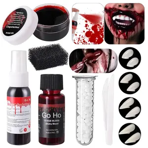 Vampire Blood and Fangs Makeup Kit, 4 Pairs 4 Size Vampire Fangs Fake Teeth, Fake Blood Spray, Stage Blood, Coagulated Blood Gel and Sponge for Halloween Vampire Cosplay Makeup