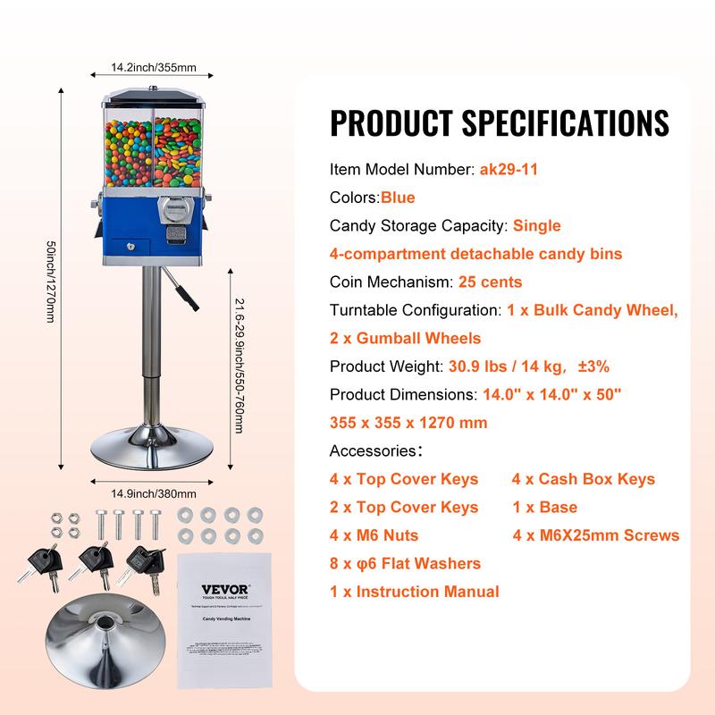 VEVOR Commercial Vending Machine,  , Four Compartment Rotatable Gumball and Candy Dispenser, Adjustable Height Coin Operated Candy Bank with Iron Stand, for Business Toy Capsules Bouncy Balls Nut, Blue